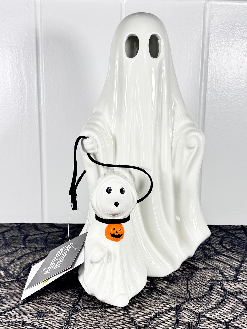 NEW Ghost Walking a Ghost Dog HaNEW Ghost Walking a Ghost Dog Halloween Figurine
